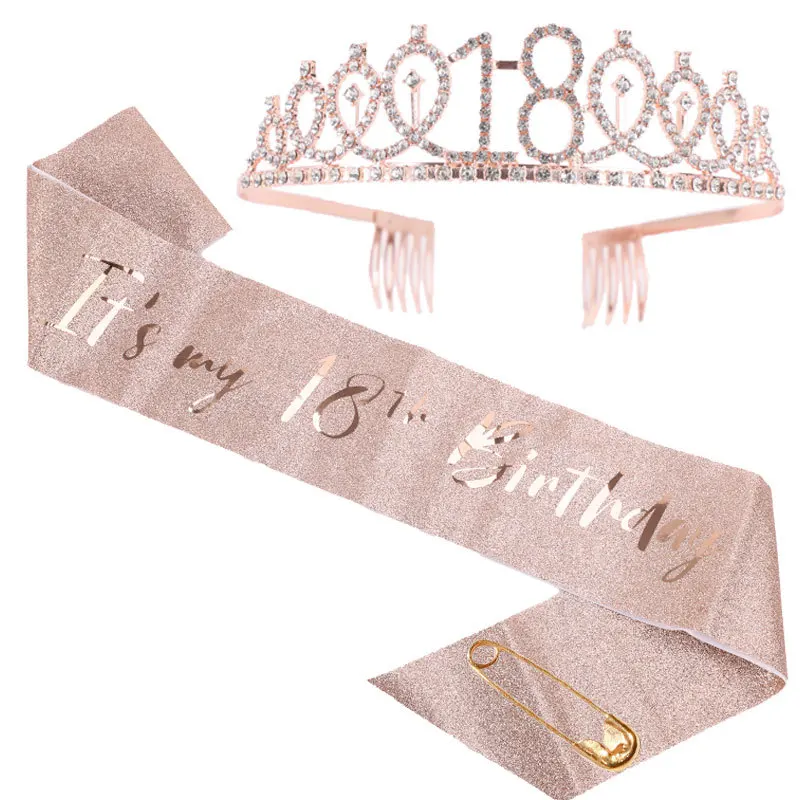 

2pc Rose Gold Rhinestone Crystal Crown Tiara Birthday Sash Birthday Anniversary Decoration Happy 18 21 30th Women Party Supplies