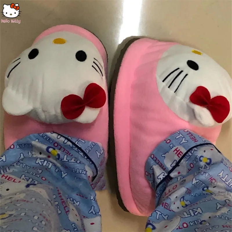 Sanrio Hello Kitty Y2K Big Head Cotton Shoes Women Plushie Cartoon Plush Kawaii Flat Shoes Pink Fuzzy Slippers Shoes Plush Gift