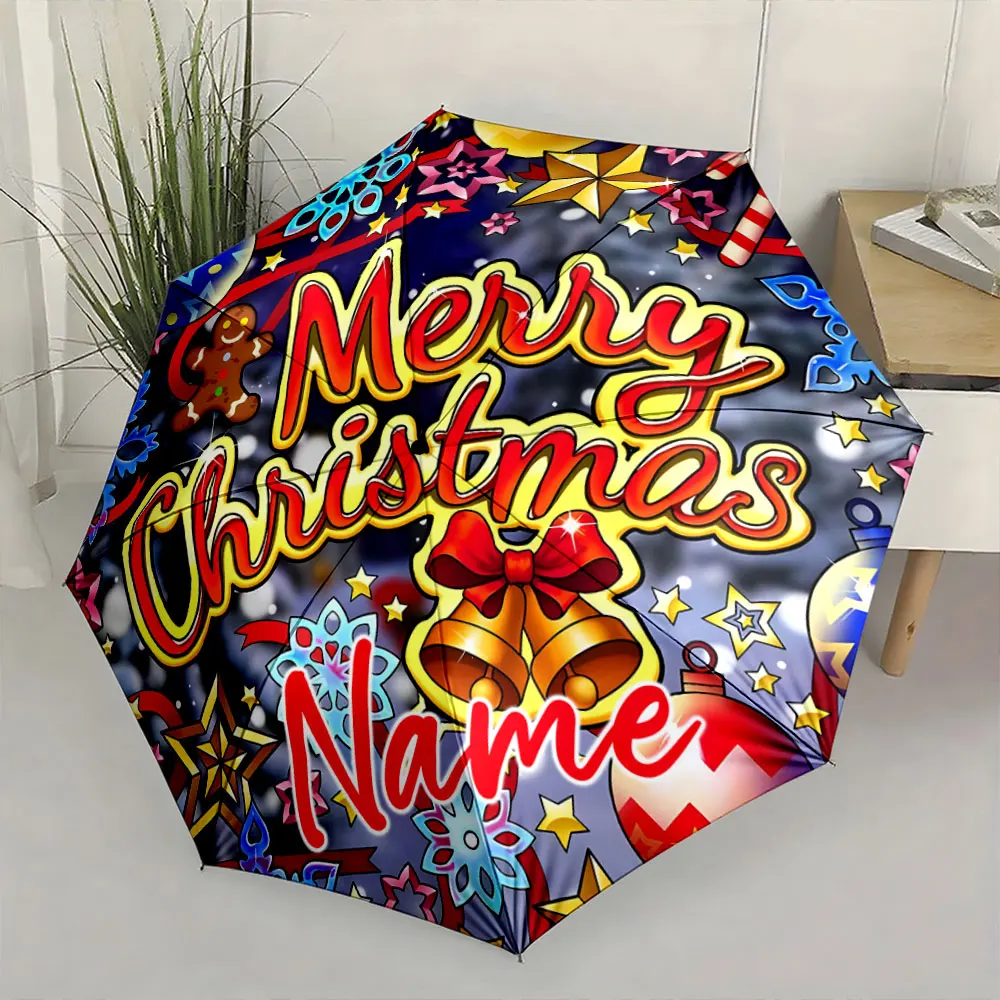 Custom Name Festive Christmas Umbrella with Colorful Holiday Details 8 Iron Ribs Folding Umbrella Auto-Open Fashion Sunshade