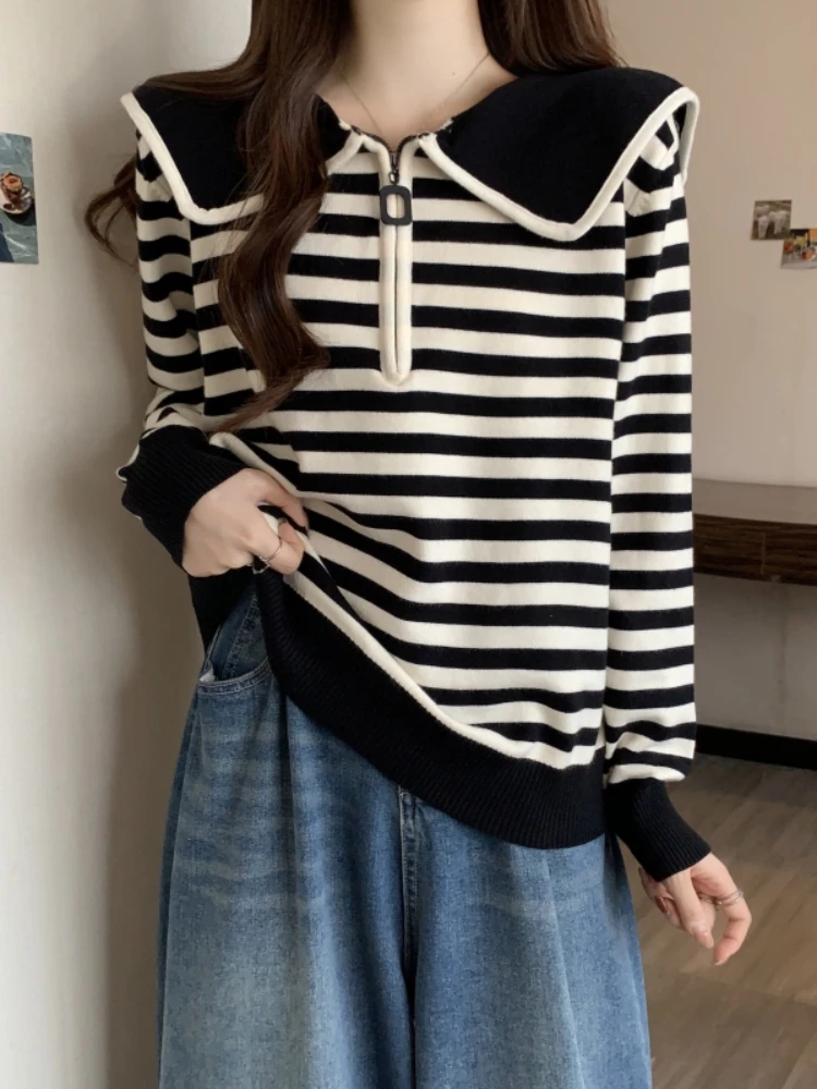 Slimming Effect Half Zip Hoodie Women's Style Spring Autumn plus Size Striped Base Shirt Trendy Navy Collar Top Korean Style