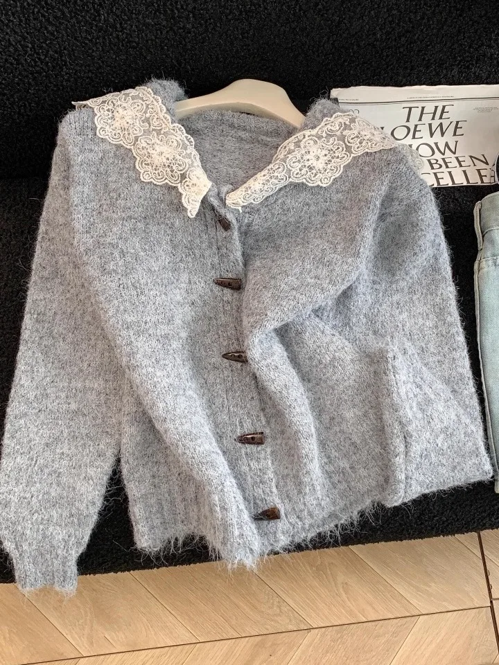 

Ретро-кардиган с кружевным воротником и вставками, женский зимний модный вязаный утепленный кардиган с длинными рукавами, короткое пальто