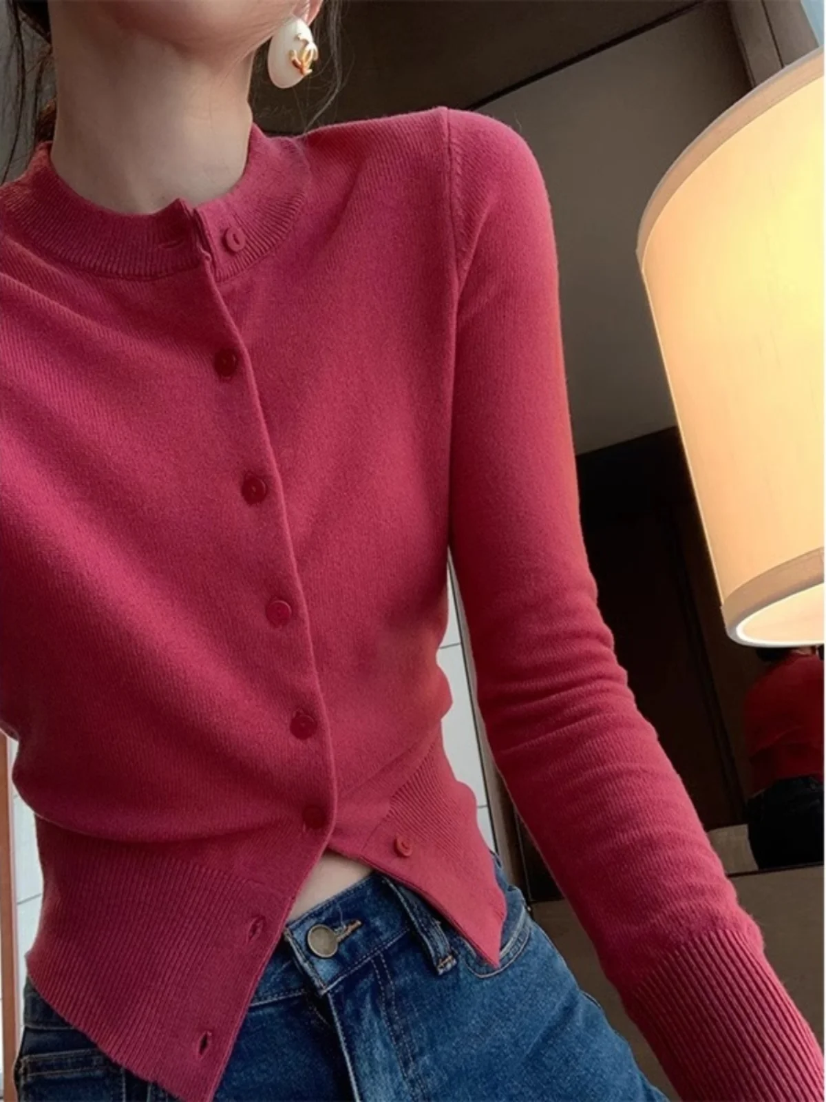 

Slim Fit Long Sleeve Knitted Short Cardigan Women's Inner Wear Base Layer Plum Color Spring Coat Top Korean Style round Neck ...