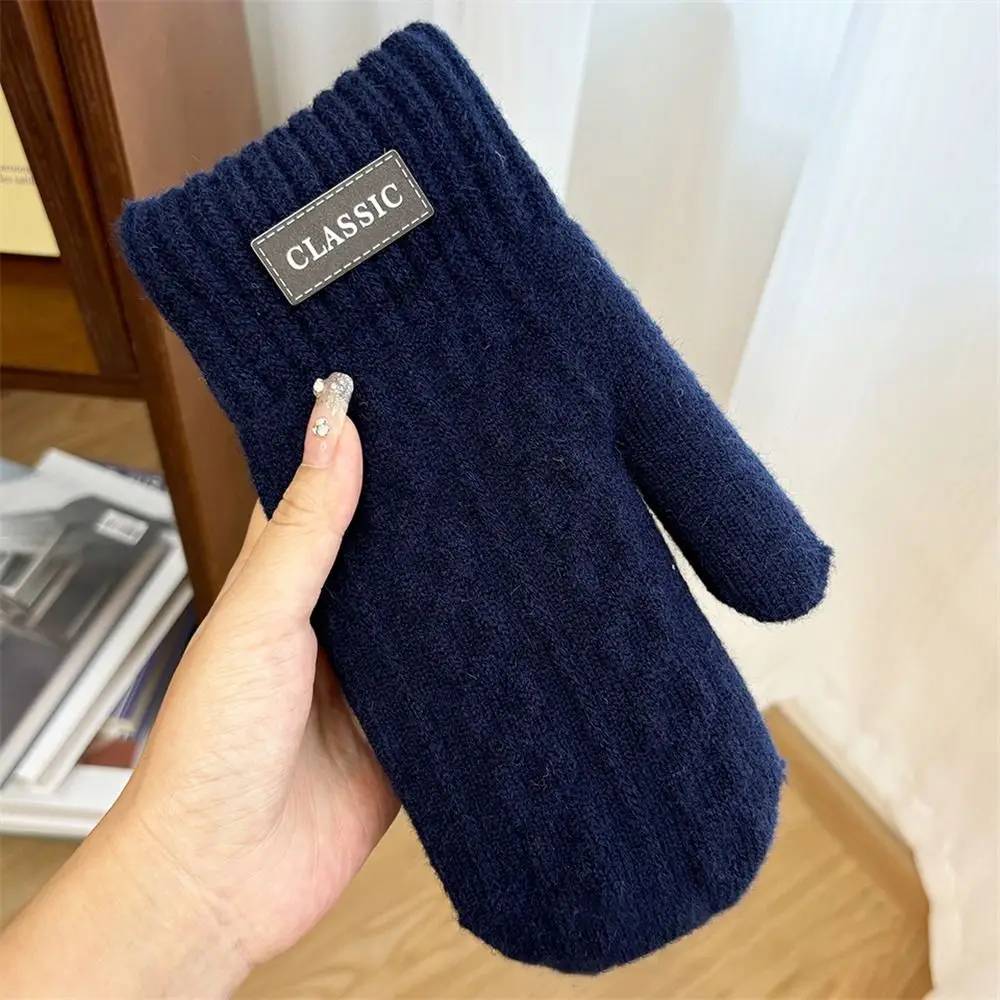 Daily Thickened Fleece Knitted Gloves Windproof Coldproof All Finger Gloves Solid Color Men Mittens for Autumn Winter