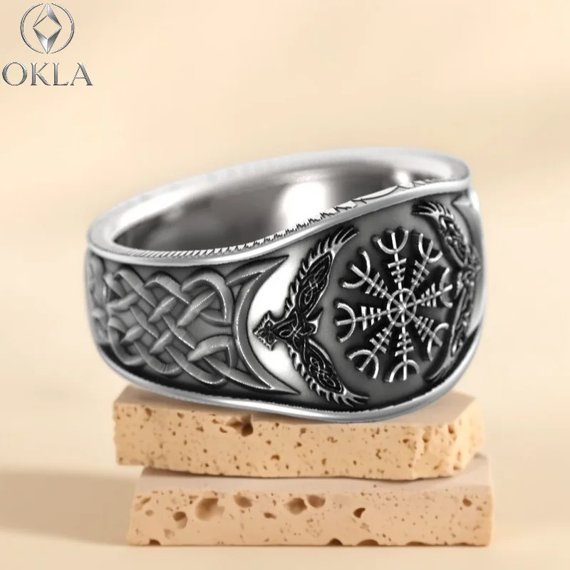 Vintage Viking Vegvisir Raven Celtic Knot Ring 925 Sterling Silver Norse Mythology Jewelry For Men