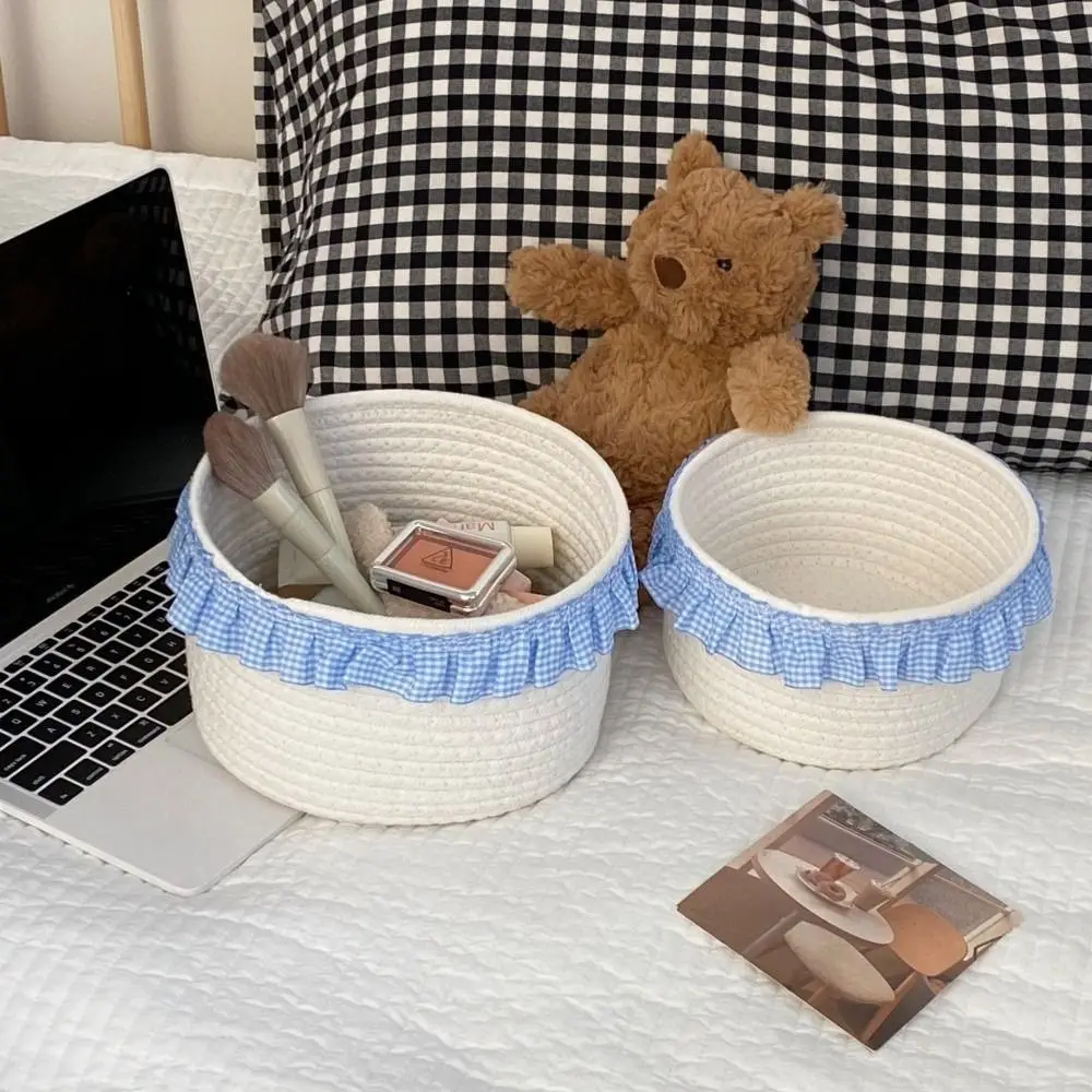 Trendy Blue Sundries Storage Baskets Cotton Rope INS Lace Snacks Basket Cloth Organizer Cute Desktop Organizer Box Bedroom