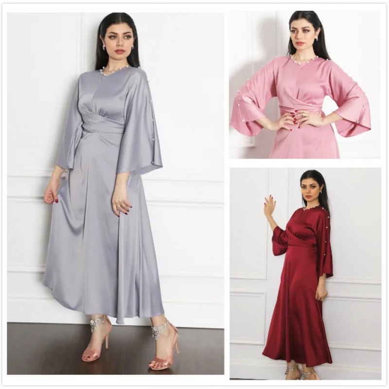 

New Types Middle East Arab Dubai Satin Ruffle Sleeve Dress Temperament Pure Color Robe