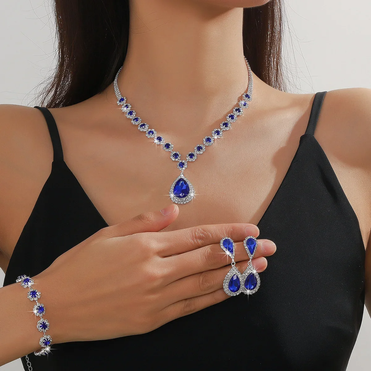 FYUAN Exquisite Red Blue Green Black Necklace Earrings Bracelet Water Drop Crystal Earrings for Wedding Jewelry Sets