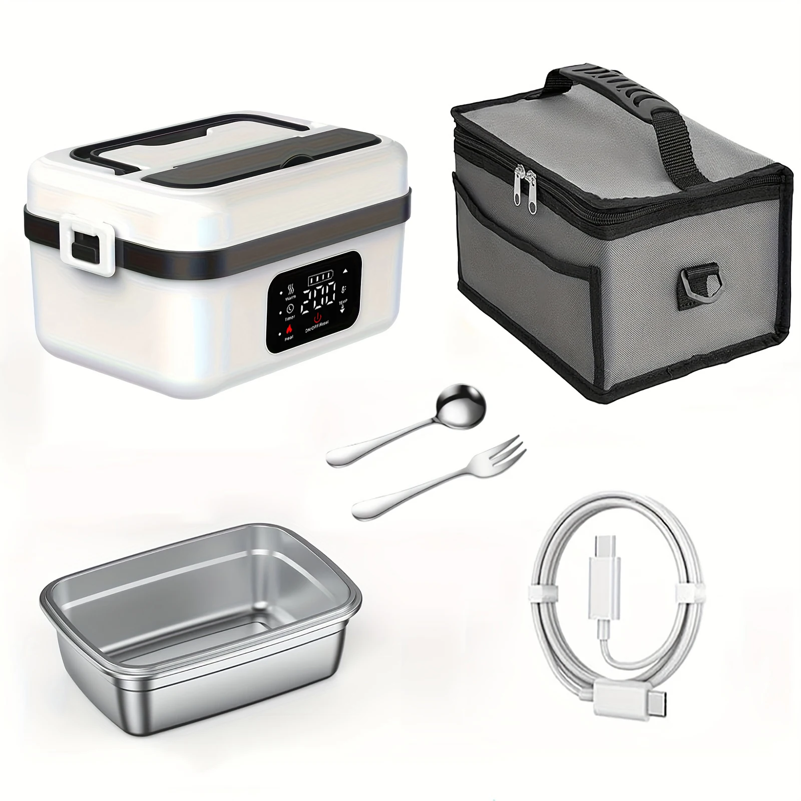 [Portable Smart Rice Box] Portable Smart Digital Display Rice Box, Built-In 9000Mah Rechargeable Power Bank, Stainless Steel Inner Liner for Insulation And Preservation, 33.81 Ounces Leak-Proof Lunch Bag, Suitable for Car, Office, School, Camping, Unisex