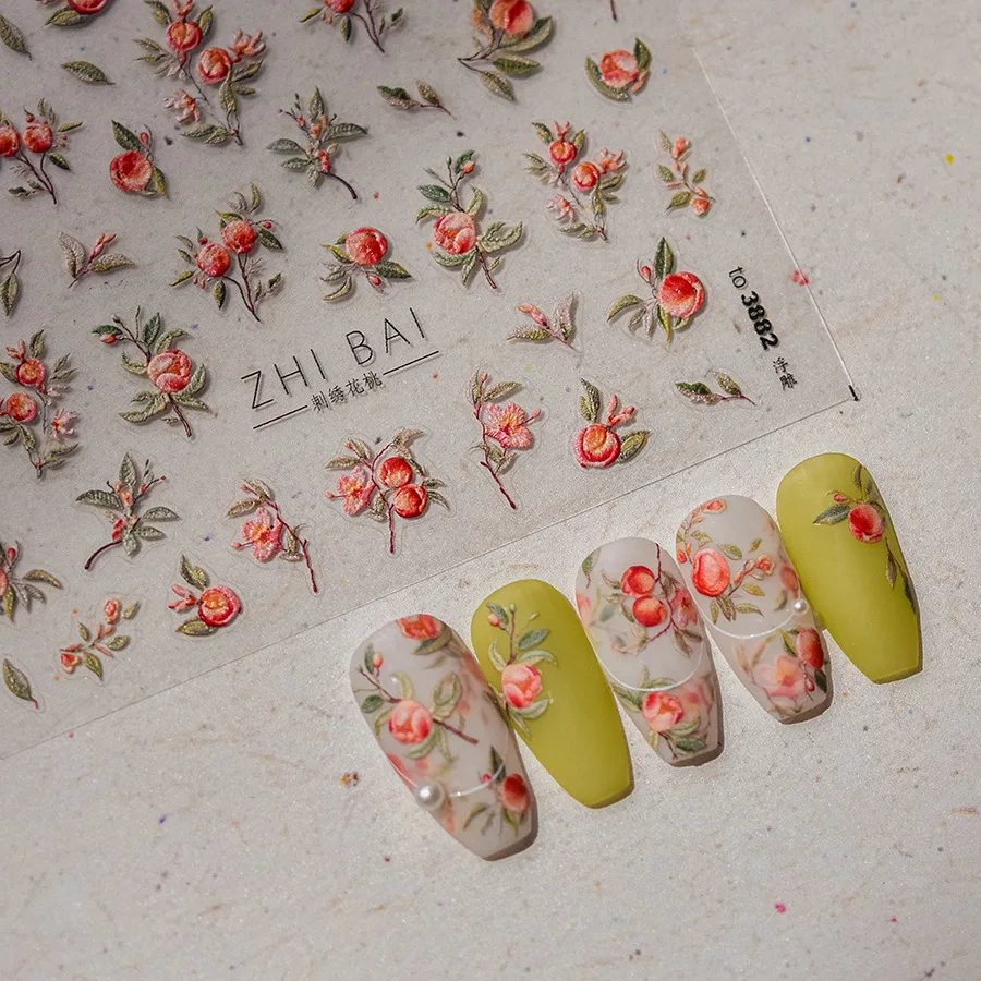 Autocollant vintage pour les ongles, motif Harvey Orchard, perle jaune et pêche, breloque, fleur, fruits, branche, cuir chevelu, rétro, MSI, nail art, manucure, décalcomanie