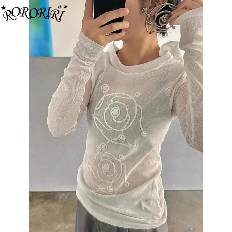 

RORORIRI 90-х Ретро крутящийся крафт прозрачный топ с капюшоном для женщин приталенный Повседневный с длинным рукавом Круглый вырез Солнцезащитная футболка Grayu Y2k уличная одежда