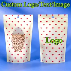 100PCS Stand-up Plastic Heart Ziplock Packaging Bag DIY Logo Matcha Coffee Cocoa Candy Sugar Dates Window Gift Storage Pouches