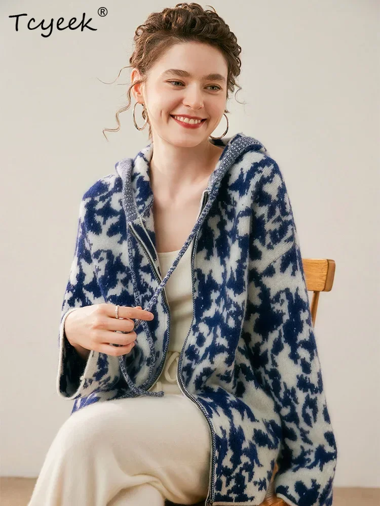 Chinese Style Women Hoodie Cardigan Sweater 100% Cashmere Sweater Autumn Winter Warm Clothing Drawstring Porcelain Patterns Knit