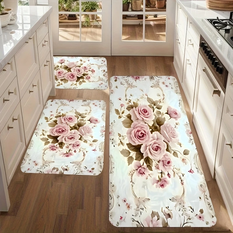 Aquarell-Rosen-Küchenteppich, rosa, lila, Blumen-Bodenmatte, weich, rutschfest, rustikaler Stil, Esszimmer-Dekorationsteppich
