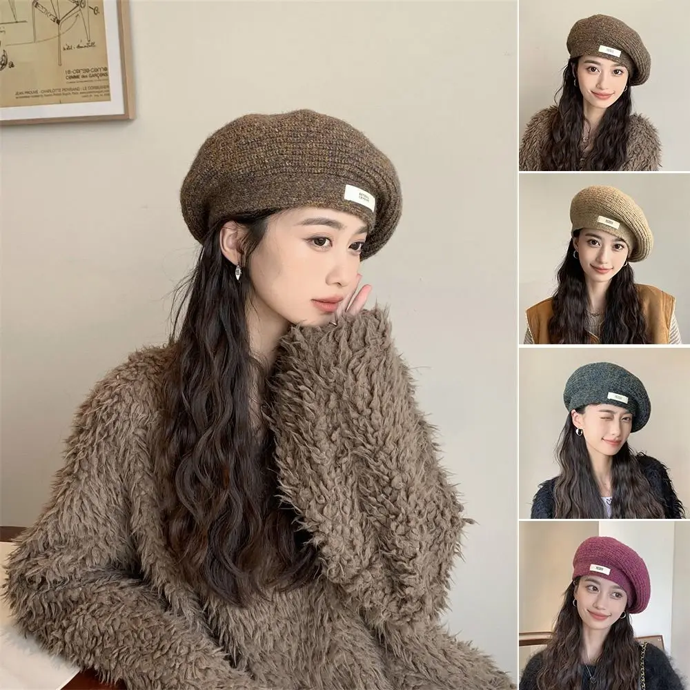 Maillard Multicolor Knitting Beret Korean Style Keep Warm Painter's Hat Elastic Wind-proof Beanie Cap Autumn Winter