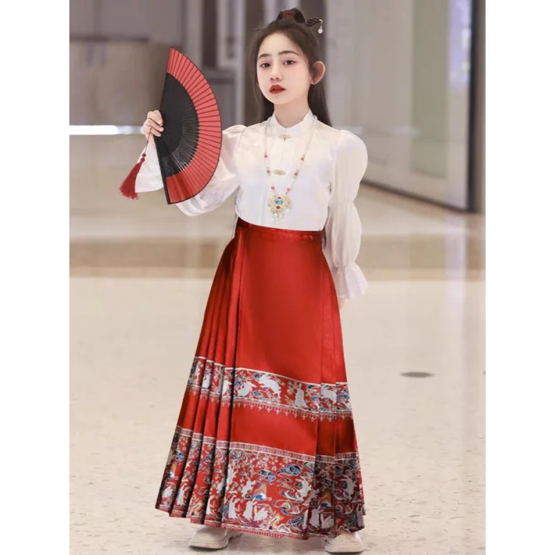 2024New Children'S Horse-Face Skirt ' Ming System Han Chinese Clothing Improved Ancient Style Girls' Tang Suit Performance