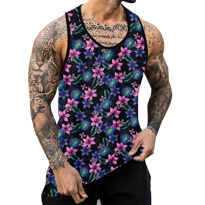 Flowers Graphic Tanks Tops Sleeveless 3D Animal Printed Men\'s Vest Summer Basketball O-Neck Street Man Gym Tanks Big Size 6Xl