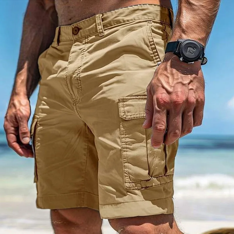 Men Summer Multi Pocket Cargo Shorts Solid Loose Fit Lightweight Quick Dry Beach Outdoor Casual Knee Length Work Short Pants