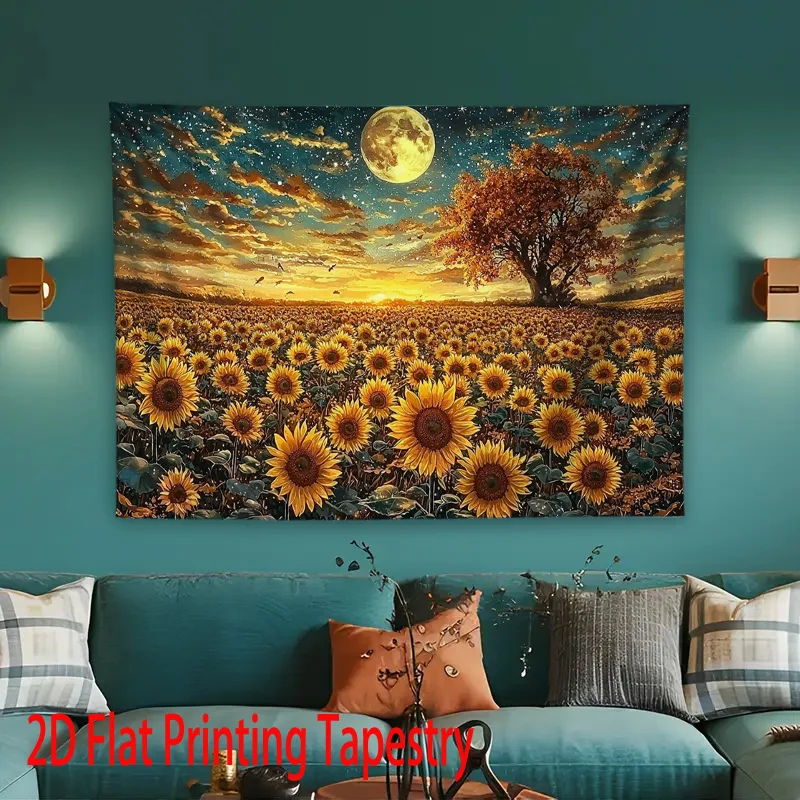 Sunflower Field Tapestry, Sunset Full Moon Lone Tree Starry Sky Rural Nature Art Wall Tapestry for Bedroom Living Room Decor