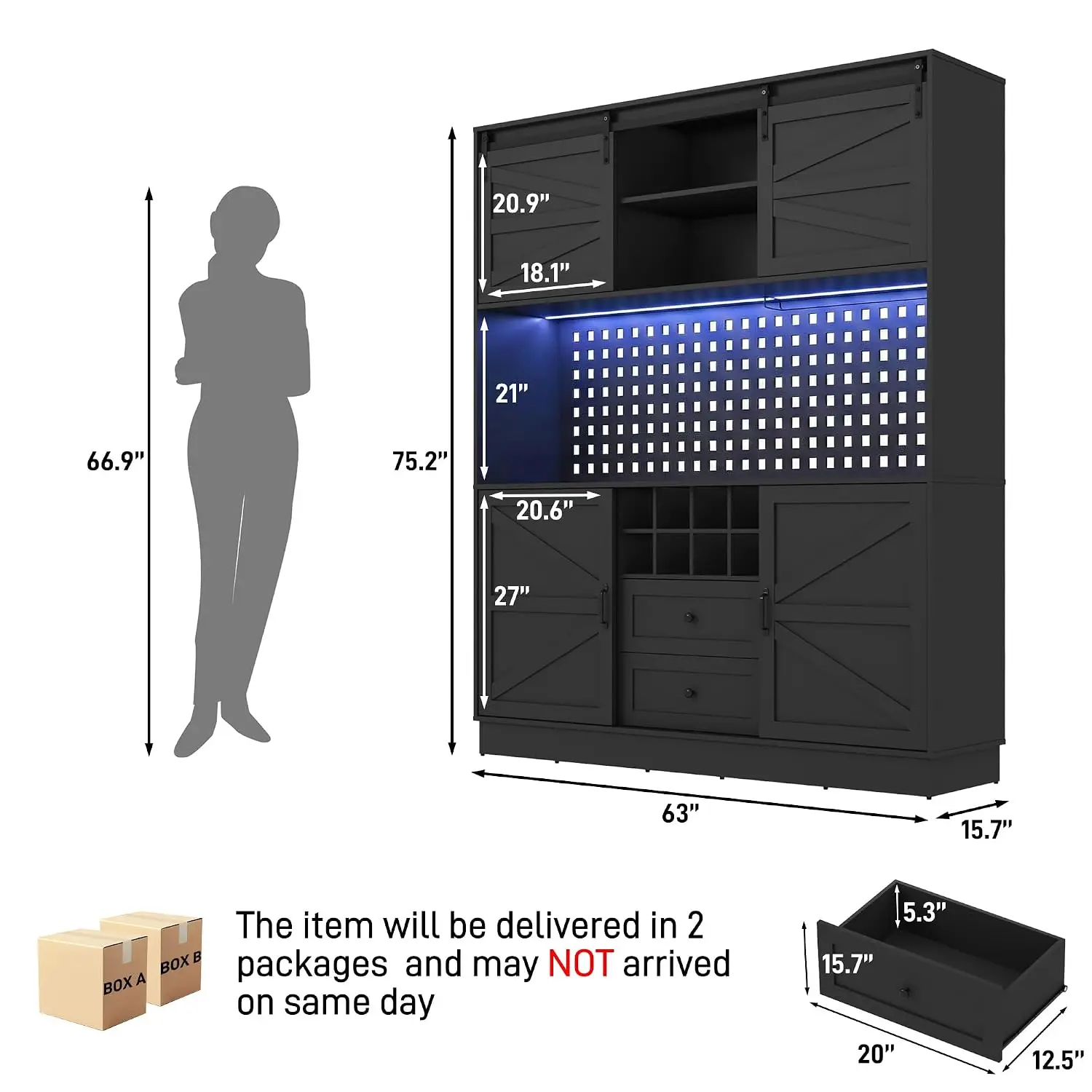 Large LED Kitchen Pantry Cabinet w/Outlet, Pegboard, Coffee Bar, Microwave Shelf, Wine Rack, 4 Barn Doors, 2 Drawers