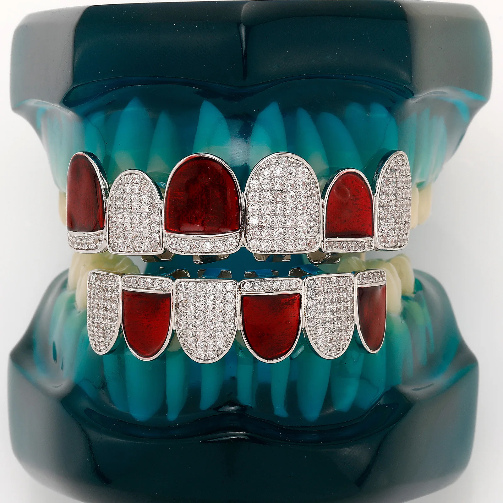 YOUNGX Vintage Red Full Iced Out CZ Stone Tooth Caps For Women Men Hip Hop Elegant Zircon Teeth Grillz Jewelry Christmas Gift