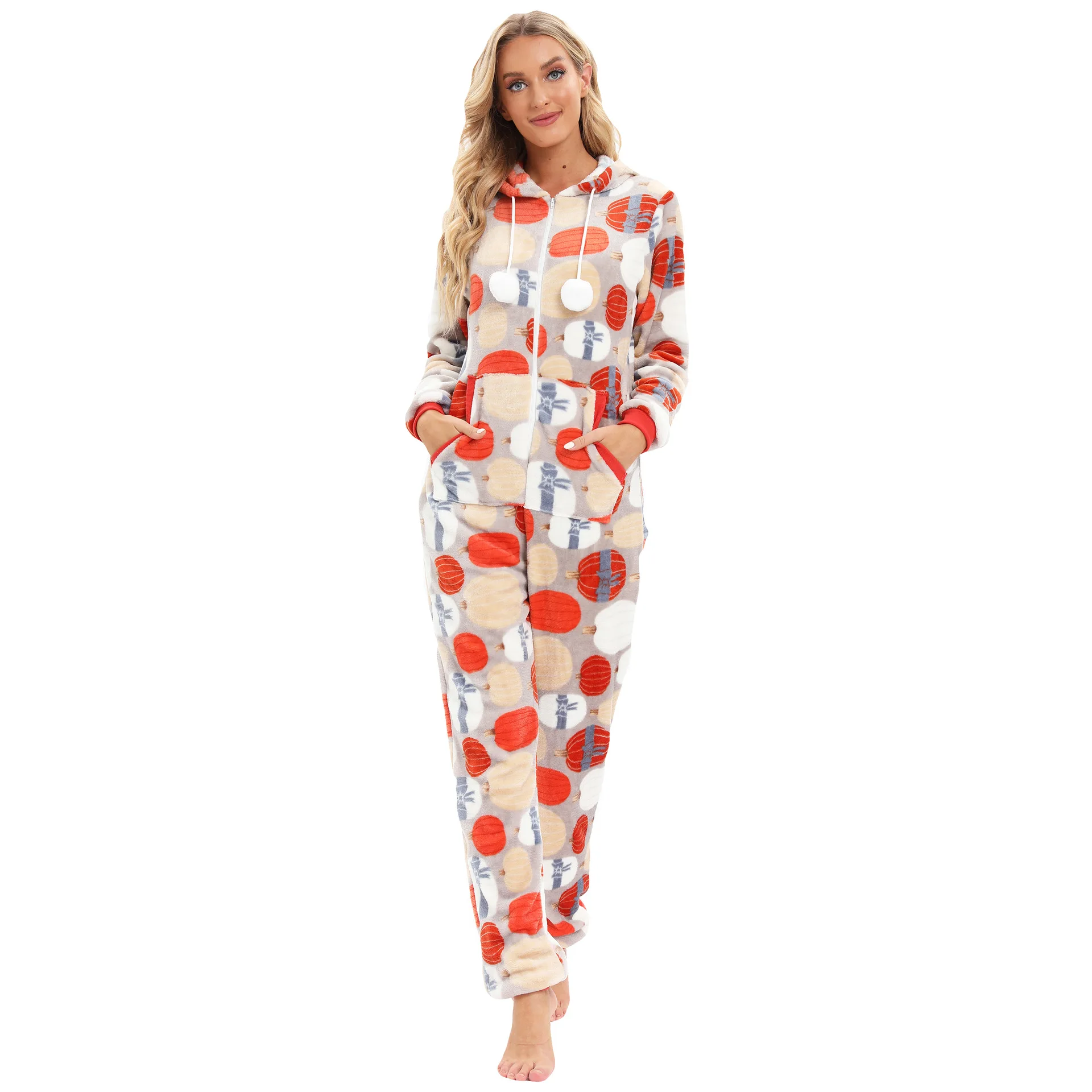 Winter Warm Print Jumpsuits Pyjamas Women's Onesies Flannel Sleepwear Hooded Zip Up Pajamas For Female Toilet Version Homewear