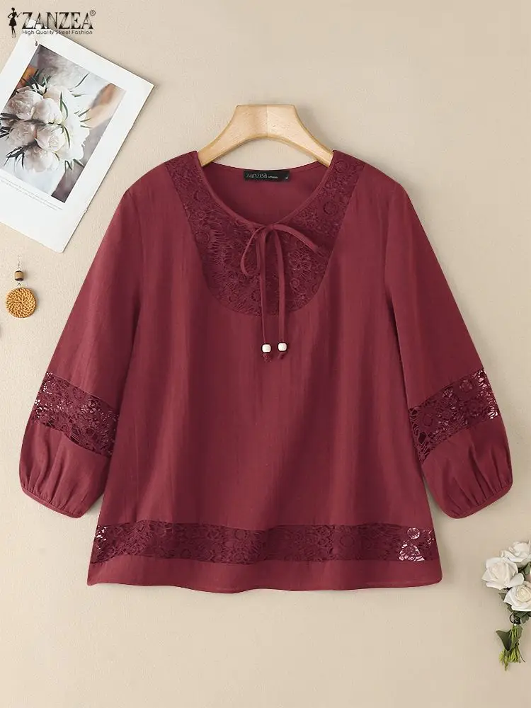 

ZANZEA Womens Cotton Linen Lace Patchwork Blouses Autumn 2025 Lace-up O-Neck 3/4 Sleeve Solid Color Tops Bohemian Woman Clothes