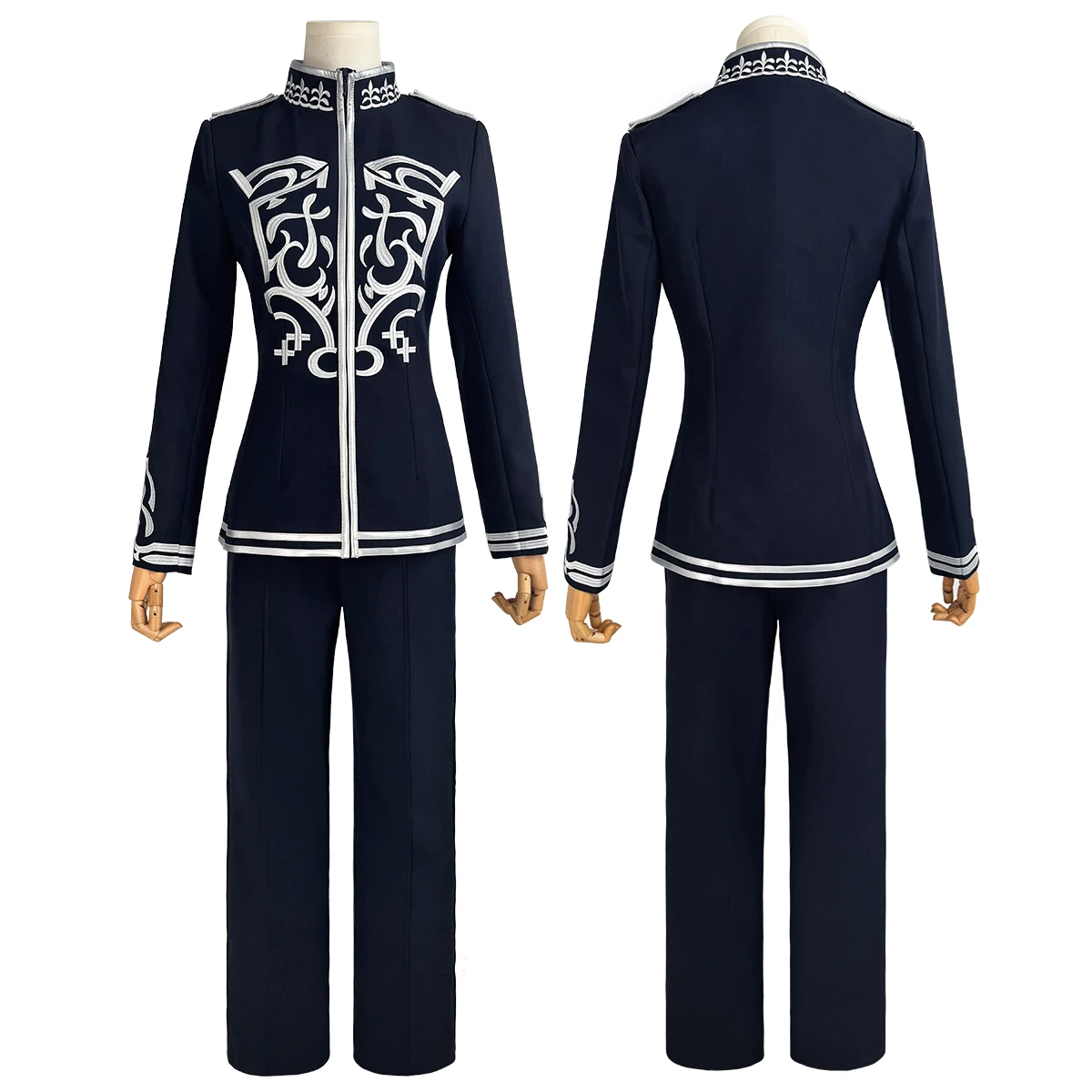HOLOUN Game Navy Blue Silver Embroidery Uniform Cosplay Costume Stand‑collar Zip‑up Jacket Convention Halloween