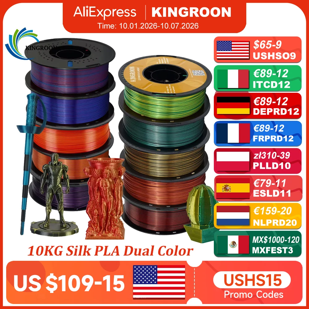 KINGROON Silk Dual-color PLA Filament 3D Printer 1.75mm 11/22 lbs Silk PLA Filament Plastic Materials 3D Printing Special Color