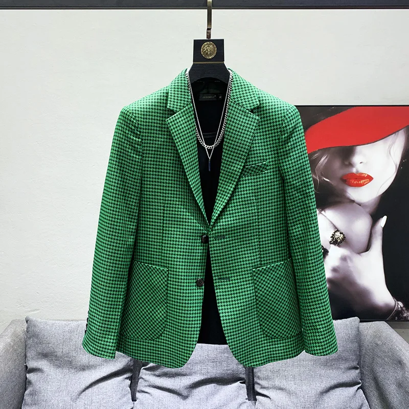 

Мужской костюм Slim Fit в корейском стиле, повседневная верхняя одежда, модный дизайн в клетку, молодежный осенний стиль, длинный рукав, декоративные пуговицы