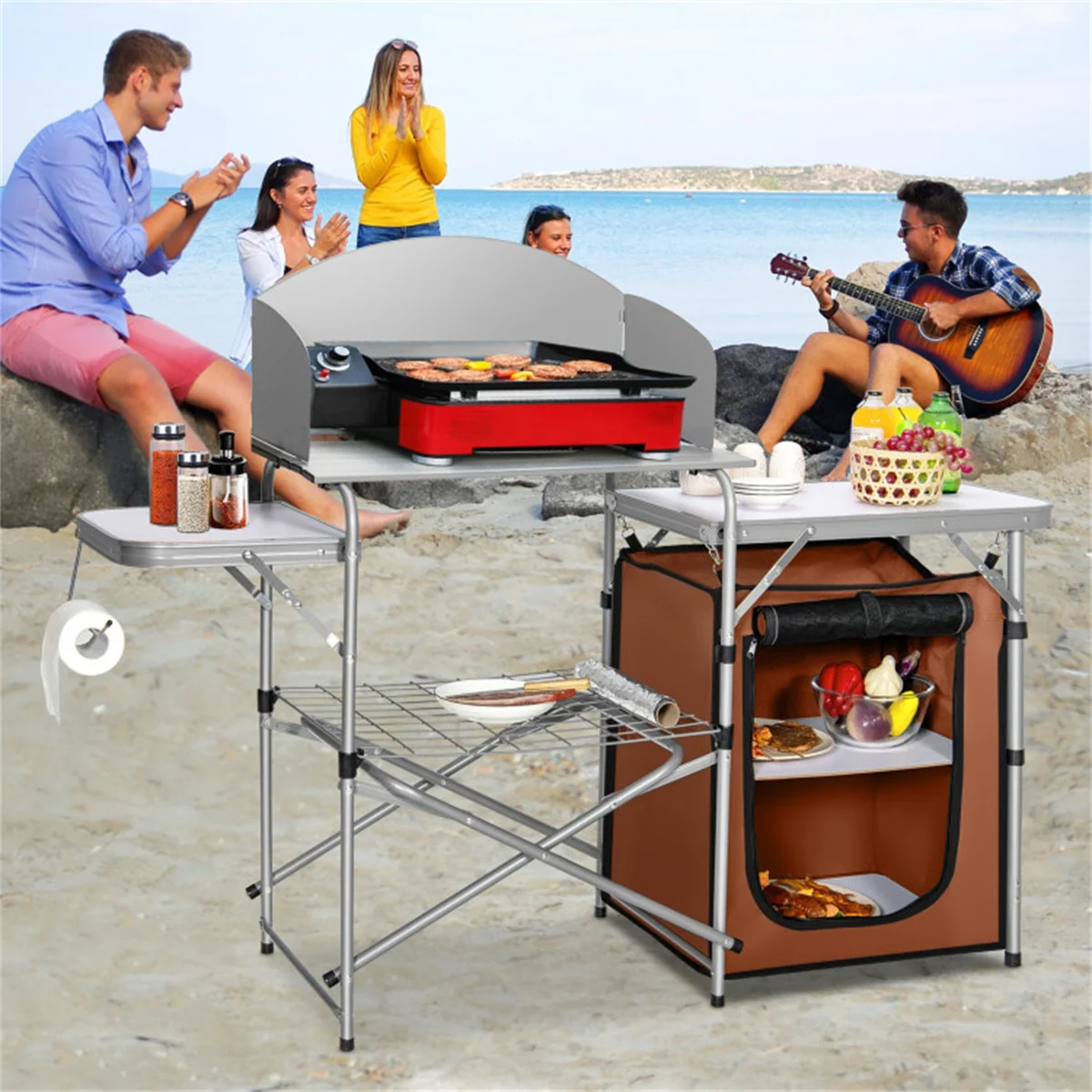 

Foldable Camping Kitchen with Windscreen Bag, camping table, desk table, foldable, for BBQ, parties, camping, picnics, backyards