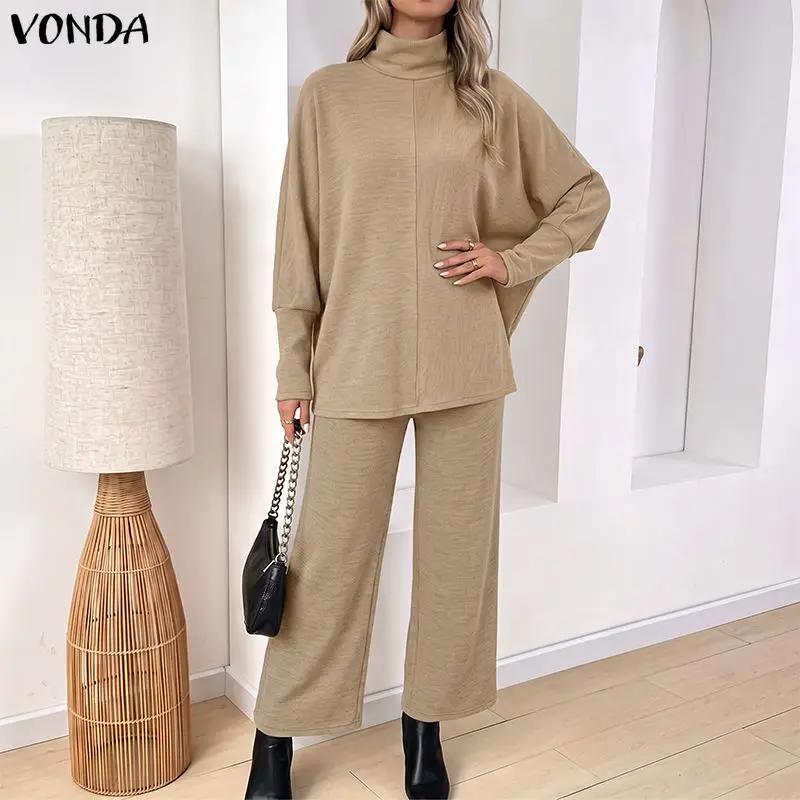 Spring Autumn VONDA Women Pant Sets Casual Two Piece Outfits Turtleneck Long Sleeve Button Wide Leg Pants 2PCS OL Streetwear