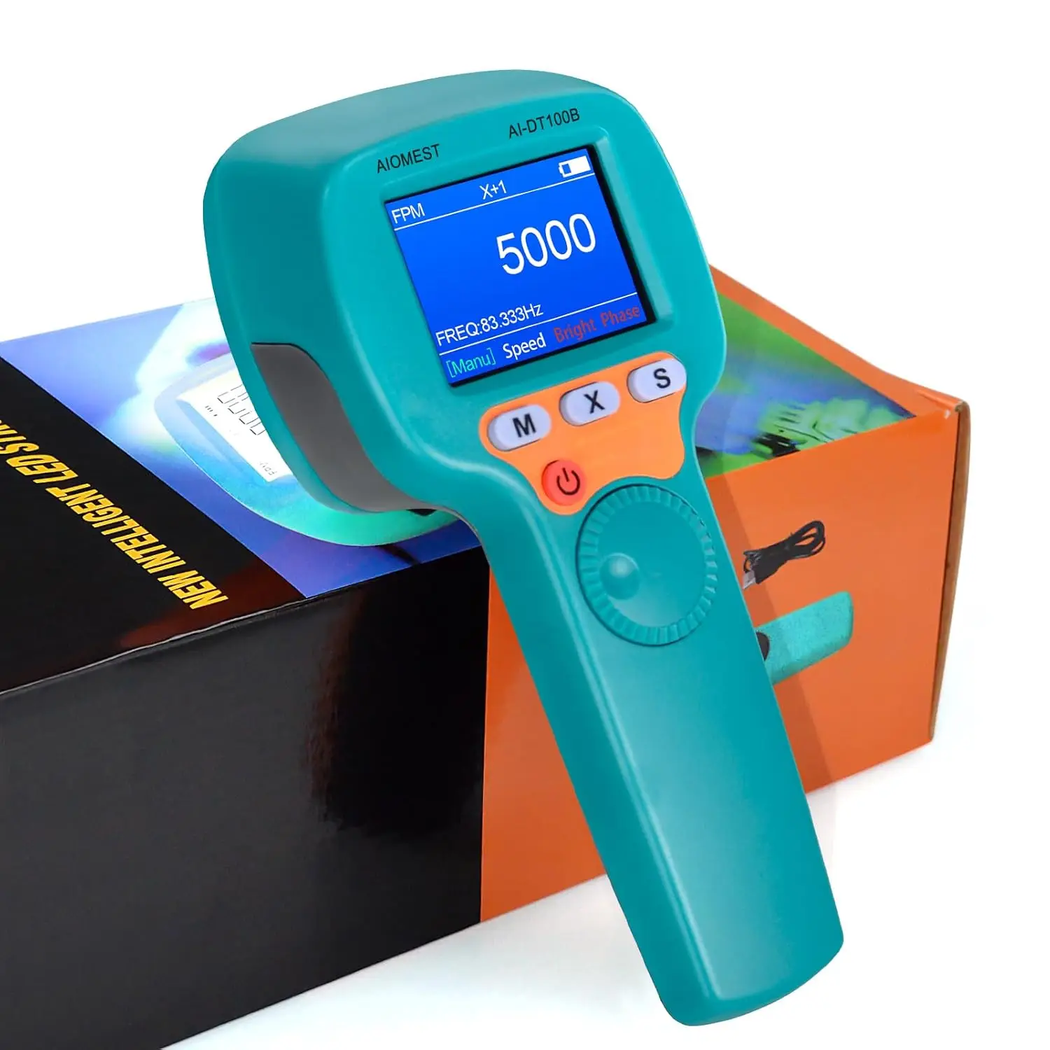

Rechargeable LED Stroboscope - Non-Contact Tachometer, 60-999,999 RPM/Hz, 1500 LUX for HVAC & Engine Speed Testing