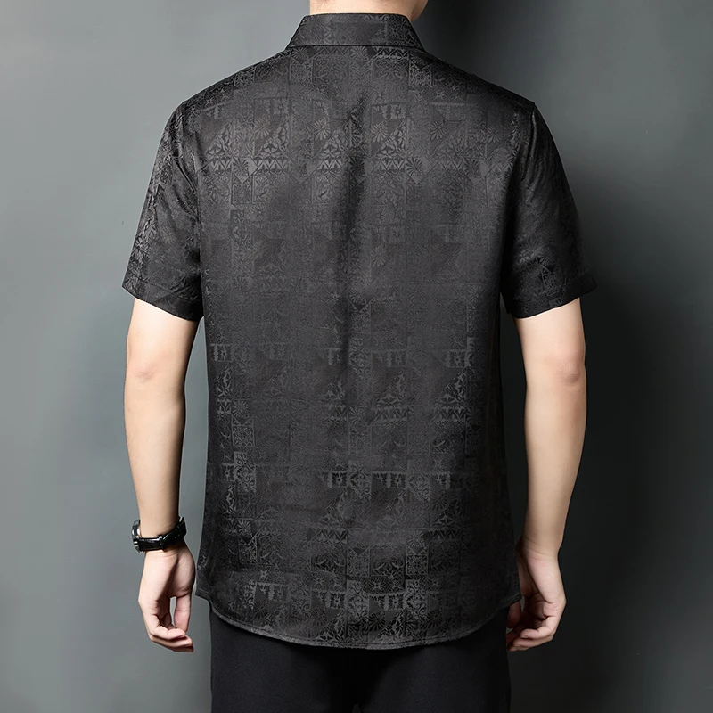 HT3706 Dark Print Viscose Shirts For Men Short Sleeve Easy Care Summer Quality Silky Comfortable Chinese Style Camisas De Hombre