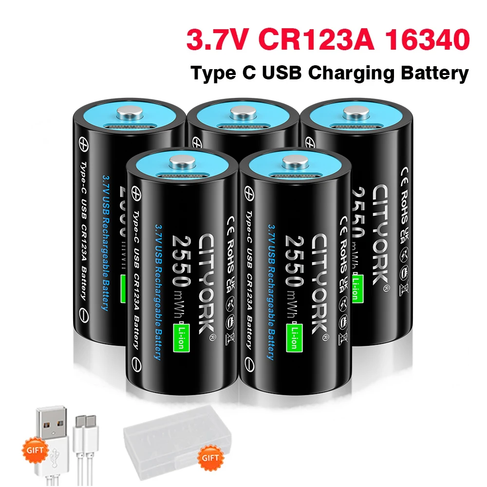 CITYORK 2550mWh 3.7V 16340 16350 Rechargeable Battery USB Charging RCR123 CR123 CR123A Li-Ion Btteries For With USB Cable