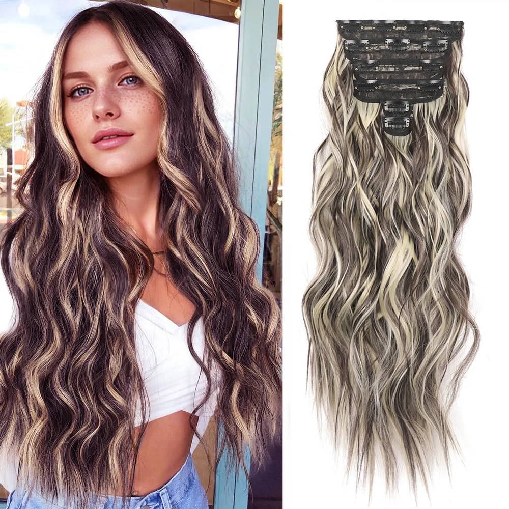 Jeedou 6PCS 24 Inch Synthetic Hair Clip in Water Wavy Hair Extension 185g Thick Double Weft Hairpieces for Women Natural Looking