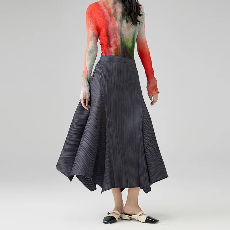 Miyake Pleated Irregular Skirt Designer Casual Elegant High Waisted Pleated Long Solid Color Skirt