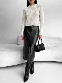 Leather Skirt High Waist Women Front Slit Spring Autumn Long Skirt High Waisted Office Lady Slim Skirts Elegant Ropa De Mujer 4