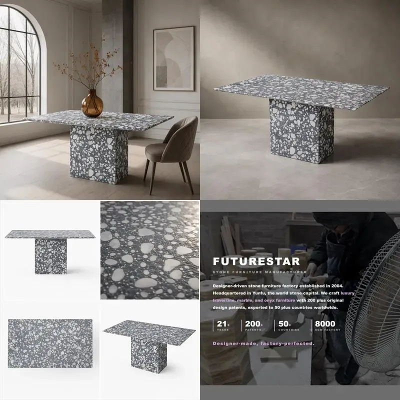 Customizable Eco Friendly Gray Terrazzo Stone Table Modern Minimalist Design for Hotel Cafe Restaurant Villa