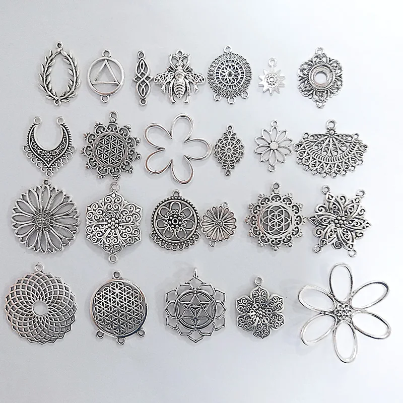 20pcs Vintage Mixed Flower Porous Connectors Silver Charms Pendants For DIY Jewellery Necklace Earrings Making Finding Crafts