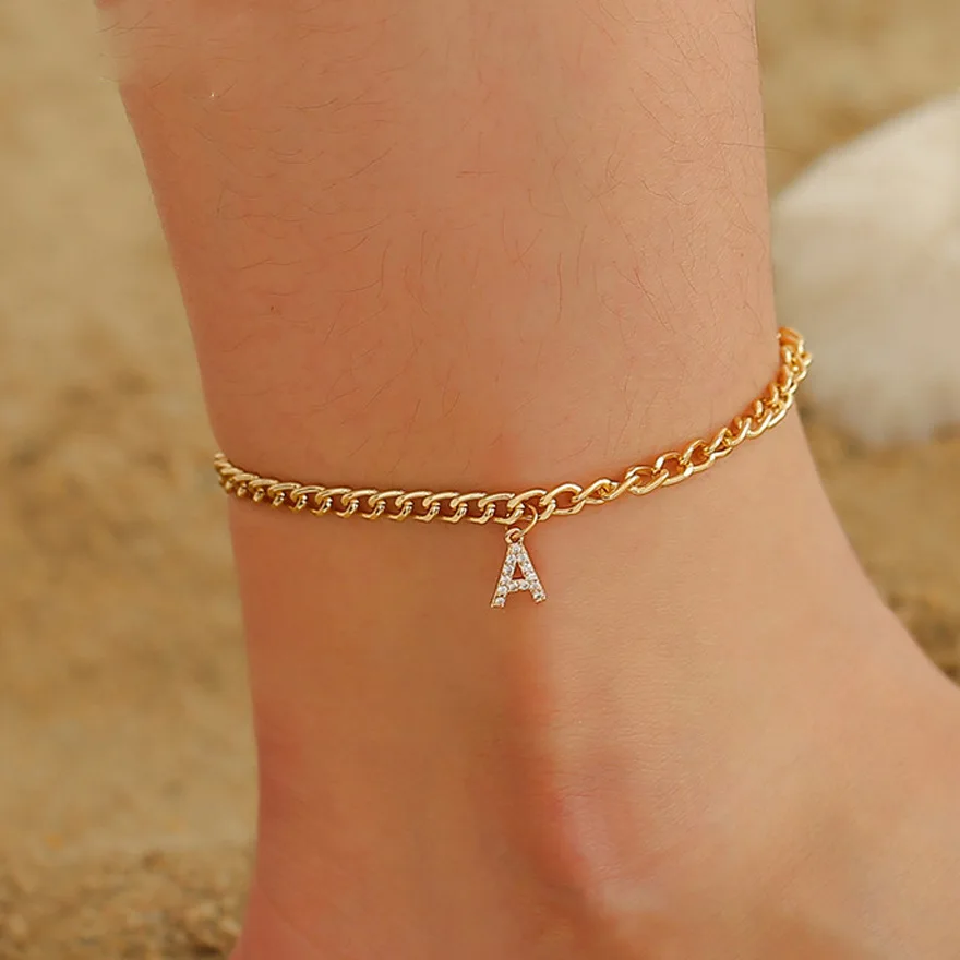 Crystal Initial Letter Anklets For Women Alphabet Cuban Link Foot Chain Beach Leg Chain Bracelets Boho Tiny Zircon Jewelry Gift