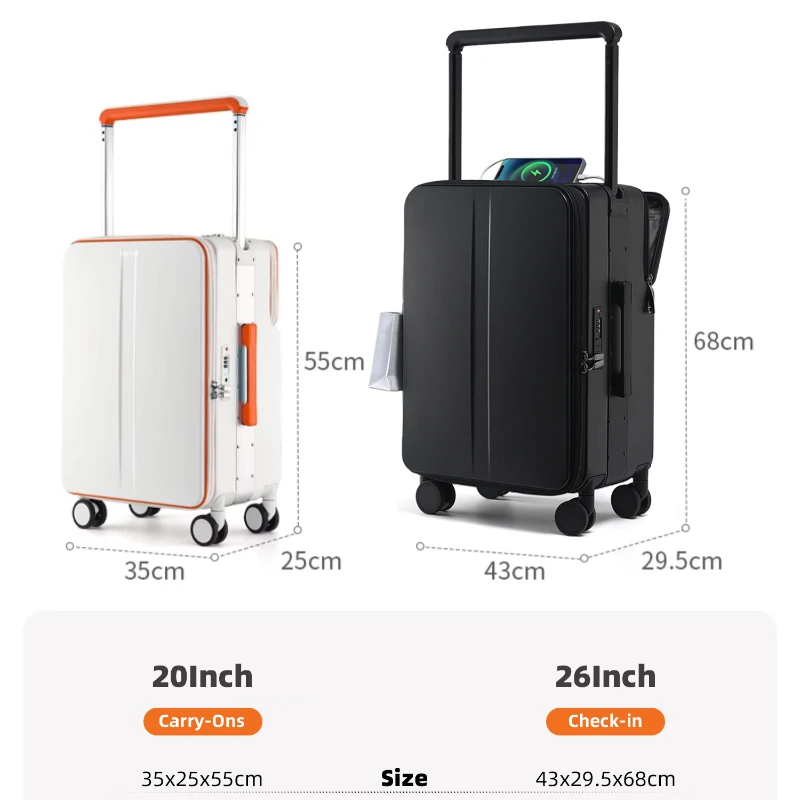 Trolley Case Male Female Rolling Luggage Mute Wheel Carry on Luggage with Cup Holder USB Charging Port Password Lock Suitcase