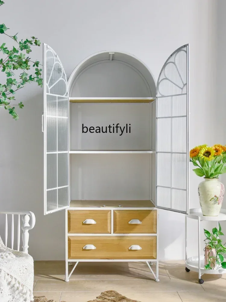

6239P lt American retro dining side cabinet old storage cabinet wrought iron glass entrance cabinet integrated locker against t