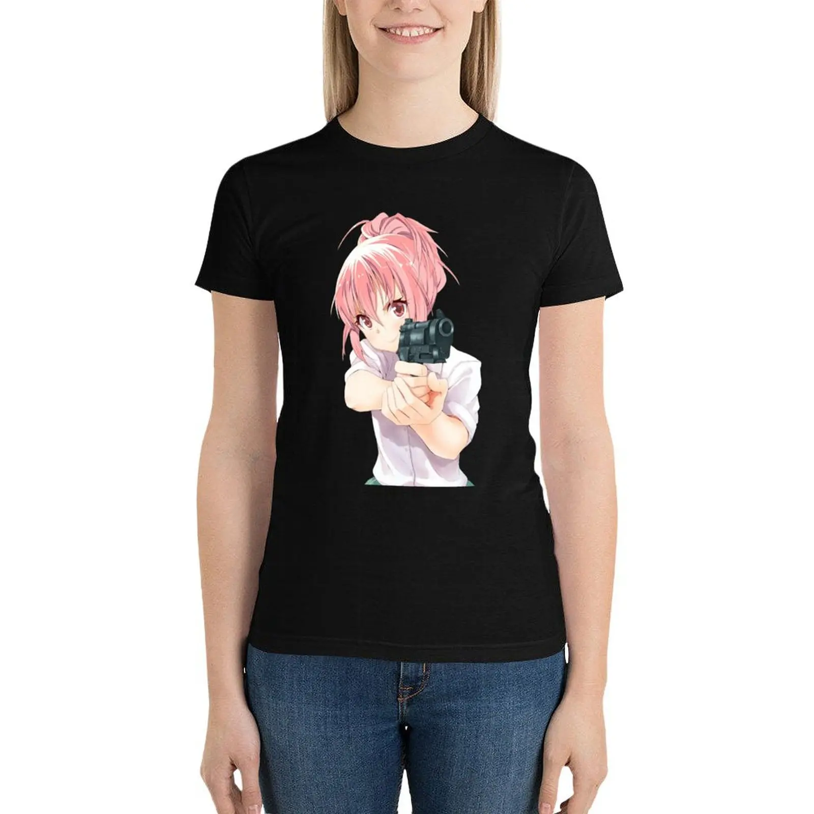 anime girl with pink hair holding a gun T-Shirt female anime clothes spring clothes Women 2024