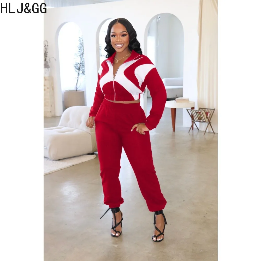 HLJ&GG Casual Color Splicing Sporty Two Piece Sets Women Zip Long Sleeve Crop Top And Jogger Pants Tracksuits Female 2pcs Outfit