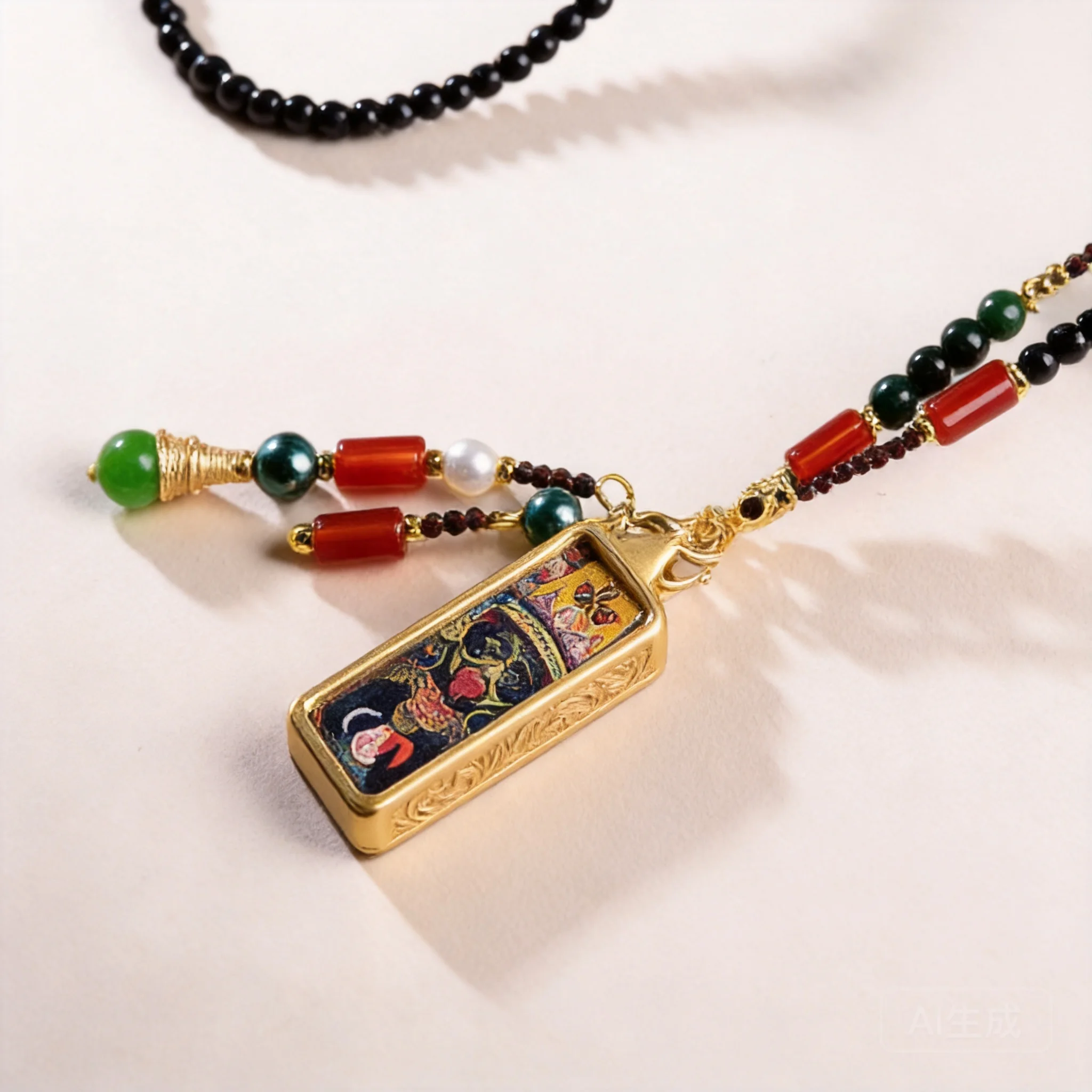 Chinese Style Vintage Thangka Necklace Lucky Zakiram Wealth God Pendant Beaded Clavicle Chain Fortune Blessing Good Luck Amulet