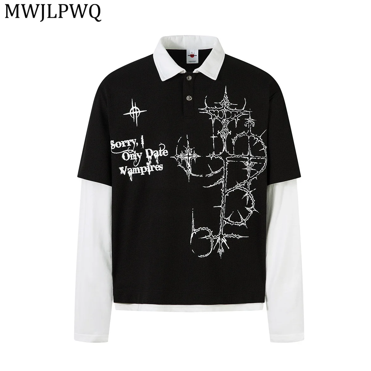 

MWJLPWQ 2025 Autumn American Hip-Hop T-Shirt Men's Fake Two-Piece Lapel High Street Printed Button Long Sleeve Tops Trendy 21016