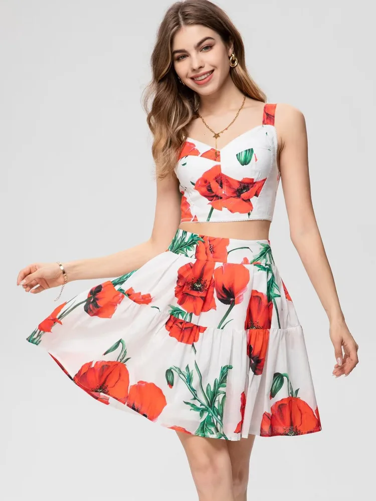 High Quality Elegant Women Short Tank Tops and Flower Print Midi Skirt 2 Pieces Set  Summer Runway Fashion Vacation