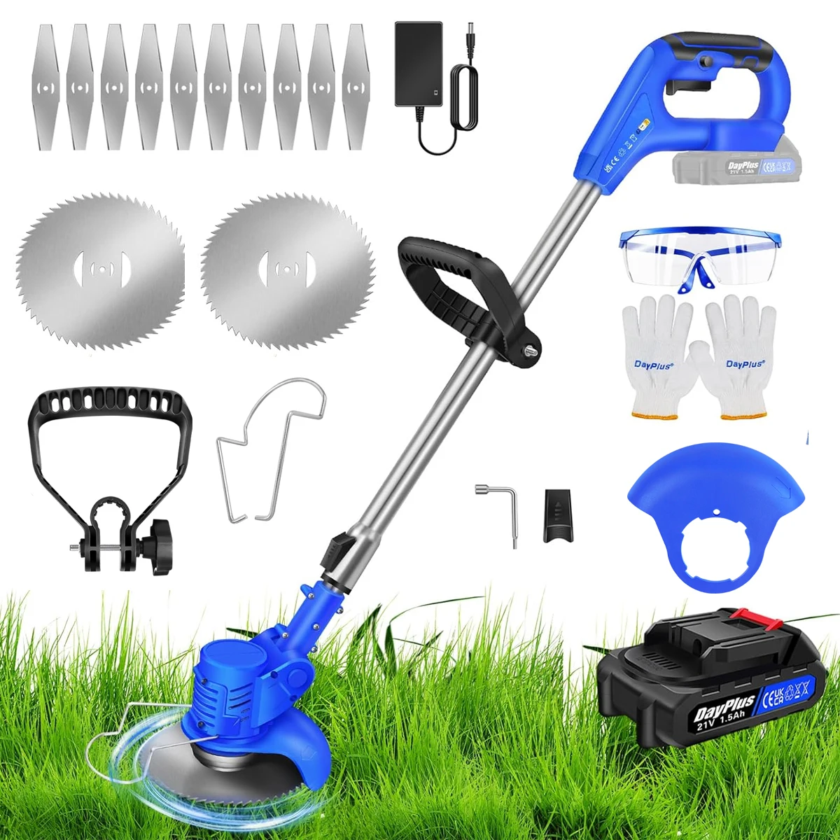 Débroussailleuse batterie 21V lames métalliques télescopique coupe bordure 15cm largeur coupe batterie 1500mAh 10 lames 2 disques scie tête réglable légère jardin terrasse balcon pelouse potager entretien extérieur