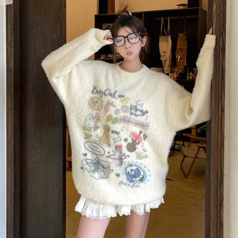 Pullovers Women Japanese Style Casual Spring Autumn Warm O-neck Kawaii All-match Students Young Printed Knitted Soft Fitness