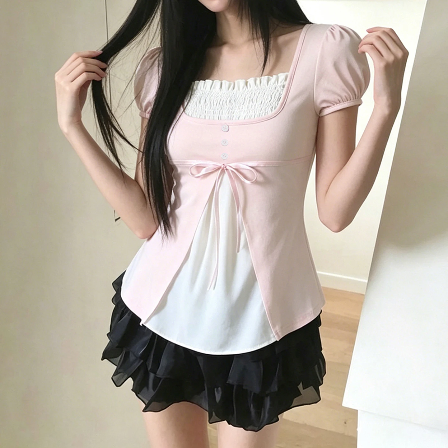 SUCHCUTE Vintage Fake Two Piece T-Shirts für Damen, Puffärmel, Patchwork, Schleife, schmaler quadratischer Kragen, Y2k, Freizeitkleidung, Sommer-Chic – Detail 18